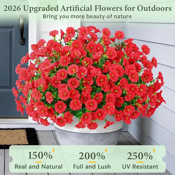 Yastouay Artificial Flowers for Outdoors, 26 Bundles Fake Outdoor Flowers, UV Resistant Artificial Plants & Flowers for Decoration, Red Realistic Morning Glory for Outdoor Porch Garden Decoration