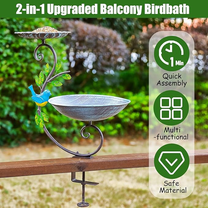 Deck Mounted Bird Feeder and Bath for Railing, Balcony 2-in-1 Outdoor Metal Birdbaths, Adjustable Heavy Duty Clamp for Porch Garden Decor Yard Lawn