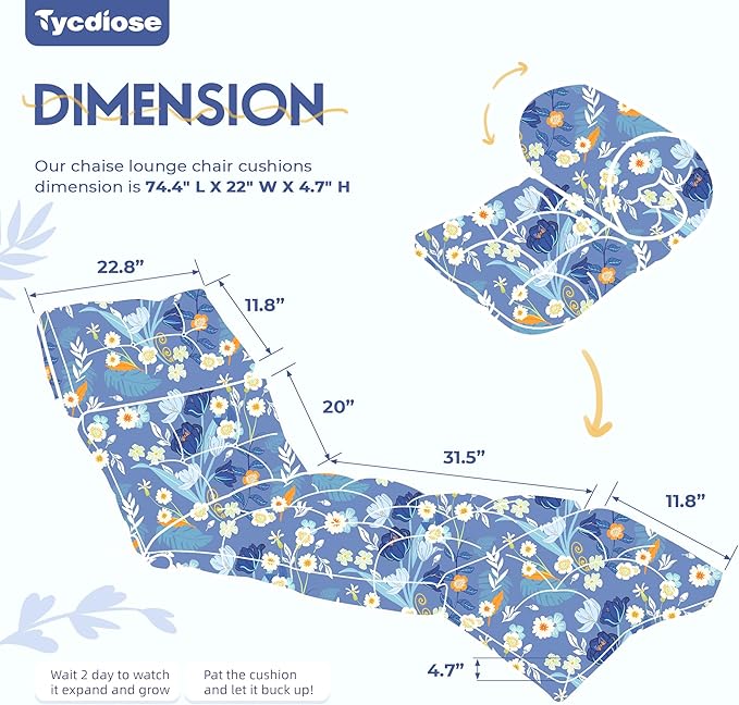 Outdoor Chaise Lounge Chair Cushion Set of 4, Waterproof 74.4 x 22 x 4.7 Inches Memory Foam Thickened Lounge Chair Cushions Replacement for Outdoor Furniture with Ties, Blue Floral