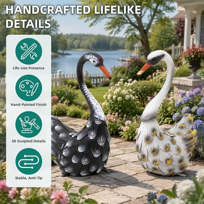 19" Swan Statue Set of 2, Handcrafted Lifelike Metal Swan Sculptures with Ground Stakes, Weatherproof Large Swan Figurines for Garden Patio Yard Decor, Gifts for Women Wedding Housewarming