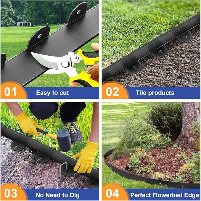 Jorvila Landscape Edging, 1.5" x 60' Plastic Garden Edging with 60 Pcs Metal Spikes, Flexible Garden Border for Lawn, Landscaping, Flower Beds