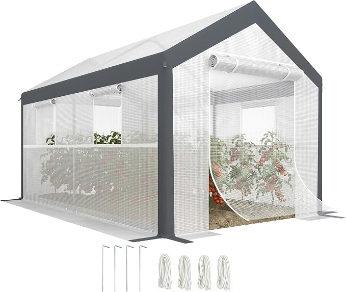 Outsunny 12' x 7' x 7' Greenhouse, Walk-in Outdoor Tunnel Green House with PE Cover, Steel Frame, 2 Roll-Up Zipper Doors & 4 Windows for Flowers, Vegetables, Tropical Plants, White