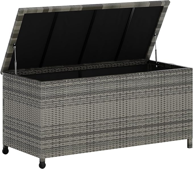 125 Gallon Large Deck Box Waterproof PE Rattan Outdoor Storage Box with Handles and Wheels, Storage Bin for Garden, Balcony, Porch, Pool, Yard