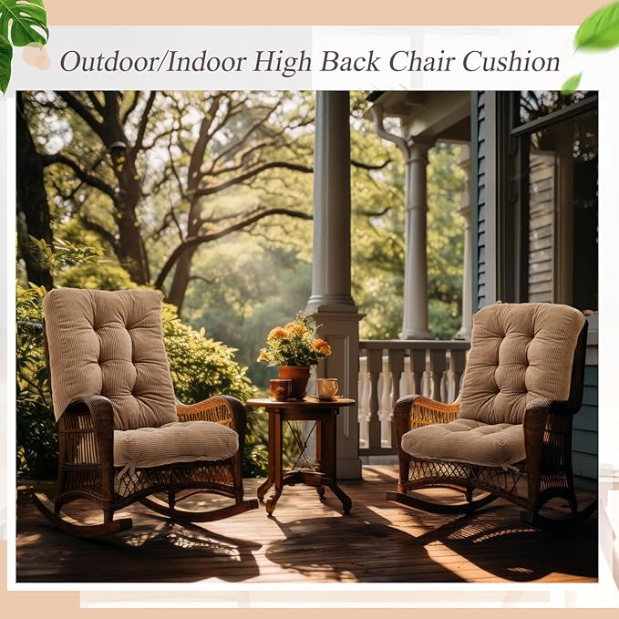 Juexica 4 Set Outdoor Patio Chair Cushions Corduroy Seat High Back Tufted Pillow Replacement Rocking Chair Cushions Patio Chair Pads for Autumn Winter Seasonal Indoor Home Office (Khaki)
