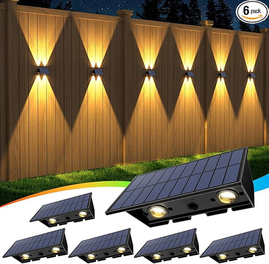 Solar Fence Lights,6Pack Solar Lights Outdoor Warm White + RGB Up & Down Waterproof 100 Lumens Dusk to Dawn Large Solar Wall Lights for Backyard/Pool/Railing/Patio/Porch/Step/Wall