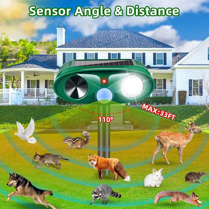 2026 Solar Ultrasonic Animal Repeller Outdoor,Deer Repellent Devices Waterproof with Flashing Light & USB Charging,Motion Activated Deterrent for Stray Cats,Dogs,Squirrels,Rabbits,Racoons for Garden