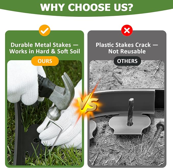 40ft Garden Edging, 4 Inches Tall Landscape Edging for Flower Beds & Garden Borders, Flexible Plastic Border with 50 Metal Stakes for Yard Edging Projects
