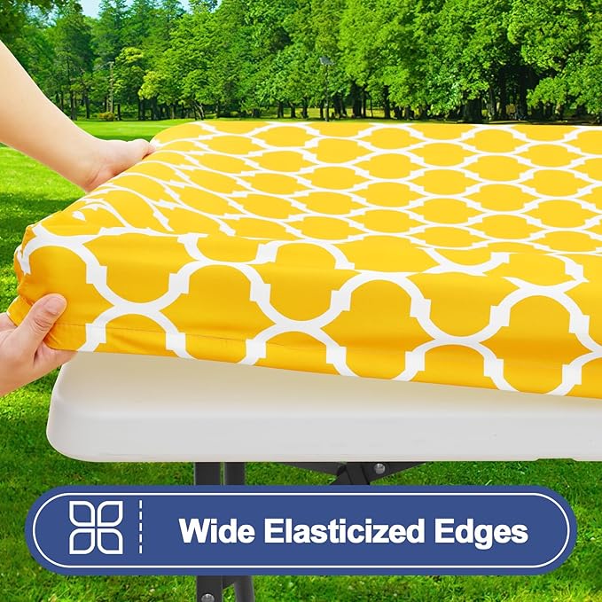 Smiry Picnic Table Cover with Bench Covers, Waterproof Elastic Fitted Tablecloth for 8 Foot Tables, Washable Polyester Tablecloths for Camping, Indoor & Outdoor (Yellow, 30x96 Inch 3-pc Set)