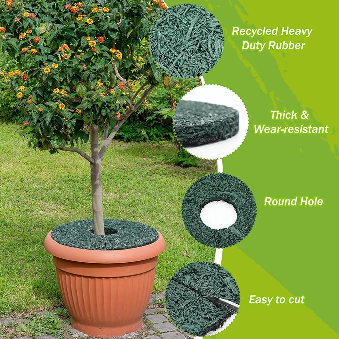 Peryiter 4 Pcs Double Side Rubber Mulch Tree Ring, Heavy Duty Rubber Mulch Mat, Tree Root Protector Mat Reversible Round Root Ring Weed Barrier for Prevent Animal Dig (Green)