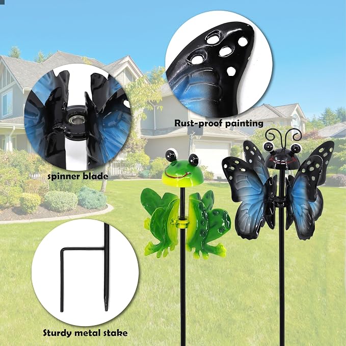2-Pack Metal Wind Spinners – Exclusive Kinetic Design, Weather-Resistant 360° Rotating Outdoor Garden Art, Unique Yard Decor Gift for Patio Lawn (Frog & Butterfly)