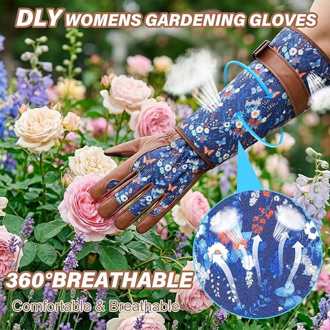 DLY Gardening Gloves for Women, Rose Gloves Thorn Proof, Long Garden Gloves for Women, Breathable Cowhide (Small, Brown)