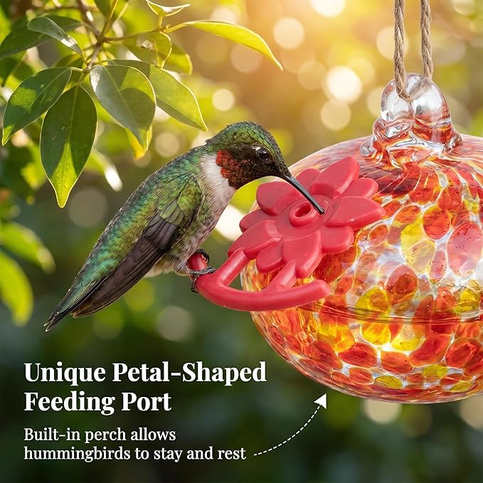 QFkris Blown Glass Hummingbird Feeder for Outdoors Hanging, Small Hummingbird Feeder with Flower Feeding Ports for Outside Garden Backyard Decor, Gifts for Women Mom(Orange)