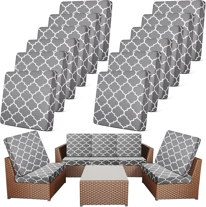Newwiee 12 Pcs Patio Cushion Covers Outdoor Stretch Sofa Couch Cover Replacement Couch Slipcover Sofa Seat Chair Porch Patio Furniture Protector, Flexibility Washable(Gray,Moroccan)
