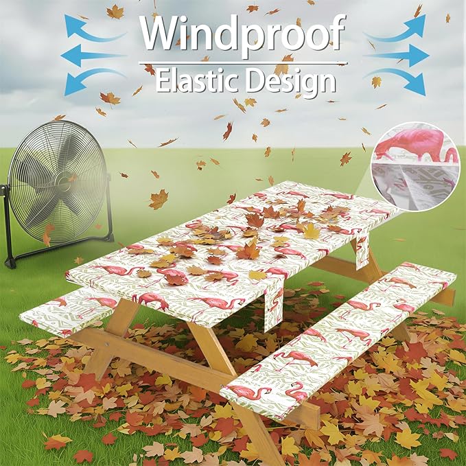 Fitted Waterproof Picnic Table Cover with Bench Covers Heavy Duty Elastic Outdoor Camping Tablecloth for 8 Foot Rectangle Tables Summer Rv Accessories Patio Garden Road Trip Essentials Gifts