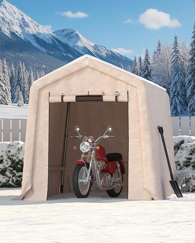 GarveeLife 6x6 ft Outdoor Portable Storage Shed with Roll-Up Door & Vent, 240G Heavy-Duty Shelter Waterproof PE Tarp, UV-Resistant Storage Sheds for Motorcycle, Firewood, Garden and Tools -Khaki