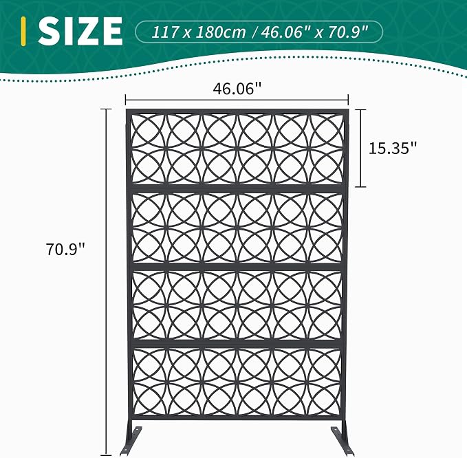 Metal Privacy Screen Outdoor - 71"x46" Freestanding Privacy Panels for Patio, Deck, Lawn & Garden, Weather-Resistant Rustproof Room Divider with Stand