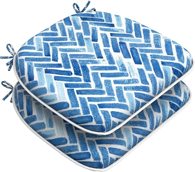 DYTXIII Set of 2 Outdoor Chair Cushions with Ties,Water Repellent Patio Chair Pads 17"x 16" for Outdoor Furniture,Round Corner Seat Cushions for Garden Yard Kitchen Blue Bricks