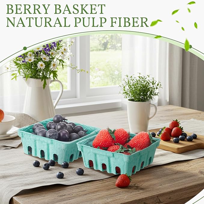 Reallnaive 50 Pack Green Pulp Fiber Berry Baskets 1/2 Pint, Small Molded Produce Vented Basket for Strawberry, Blueberry, Raspberry, Vegetables, Farmers Market, Fruit Picking, Garden Harvest, Party