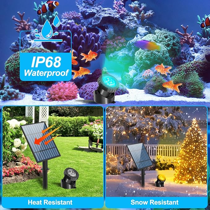 T-SUN Solar Pond Lights, 4-in-1 RGB Underwater Pond Light, Color Changing Submersible Fountain Lights, Solar Fish Tank Light Adjustable Lighting Angle for Garden Fountain, Pond, Pool Decoration