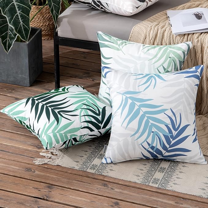 MIULEE Pack of 2 Decorative Outdoor Waterproof Throw Pillow Covers Patio Pillow Cases Natural Leaves Pattern Spring Square Cushion Shams Shell for Garden Balcony Couch 20x20 Inch, Blue