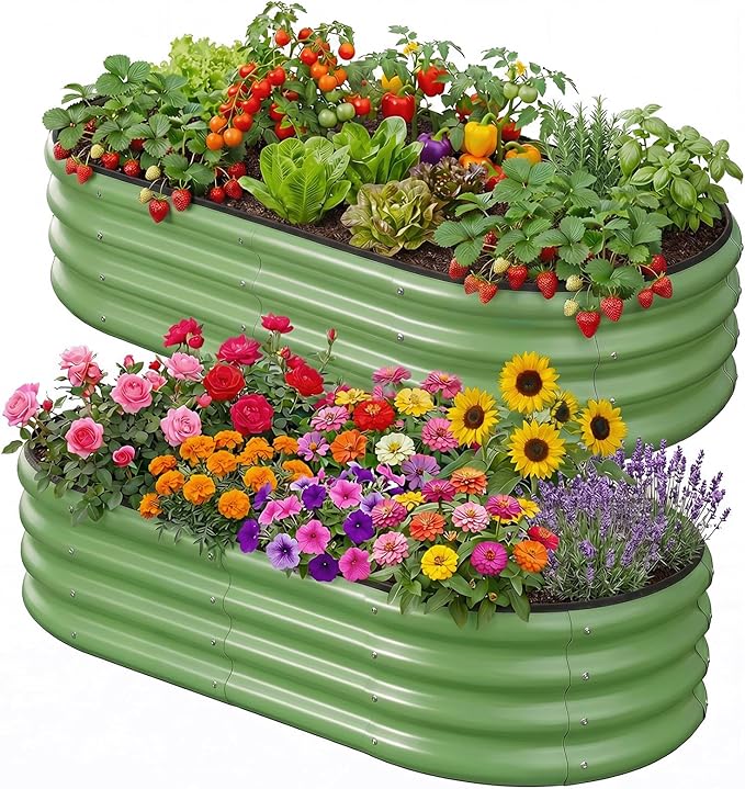 2PCS 4x2x1 FT Oval Metal Raised Garden Bed Kit, Elevated Garden Planter Box Outdoor, Trough Planter for Outdoor Plants, Flower, Vegetables, Fruit, Herbs (Green)