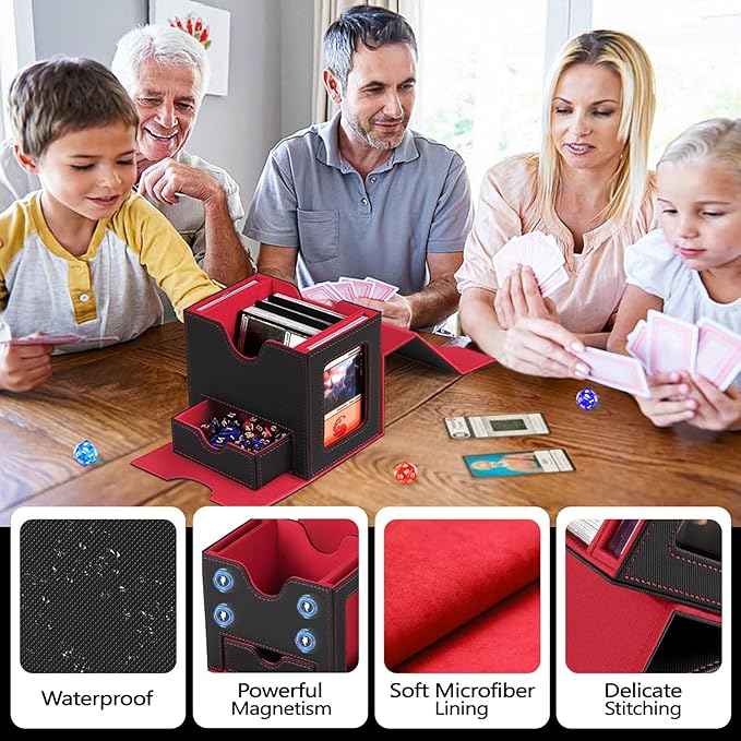 Card Deck Box for MTG with Commander Display Fits 100 Double-Sleeved Cards, Deck Case for EDH/TCG/Sports Cards with 2 Magnetic Card Holders (Black Red)