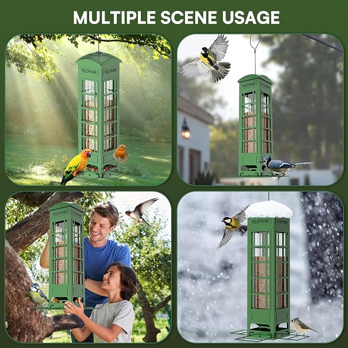 Bird Feeder Squirrel Proof for Outdoors Hanging - Gravity Protection Metal Wild Bird Feeders Tube Bird Seed Feeder with 4 Feeding Ports,2.5LB Large Capacity for Cardinal, Sparrow, Finch, Chickadee