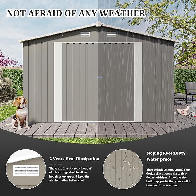 YOPTO 10x14 FT Outdoor Storage Shed, Extra Large Metal Garden Shed with Waterproof Roof, 4 Vents and 3 Lockable Doors,All-Weather Tool Shed Storage House for Backyard, Patio, Lawn,Light Grey