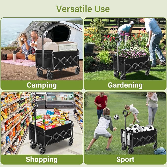 Collapsible Wagon Cart with All-Terrain Wheels - Folding Utility 280LBS Heavy Duty Wagons Carts for Grocery Sports Garden Shopping Camping Fishing (Black, 120L)