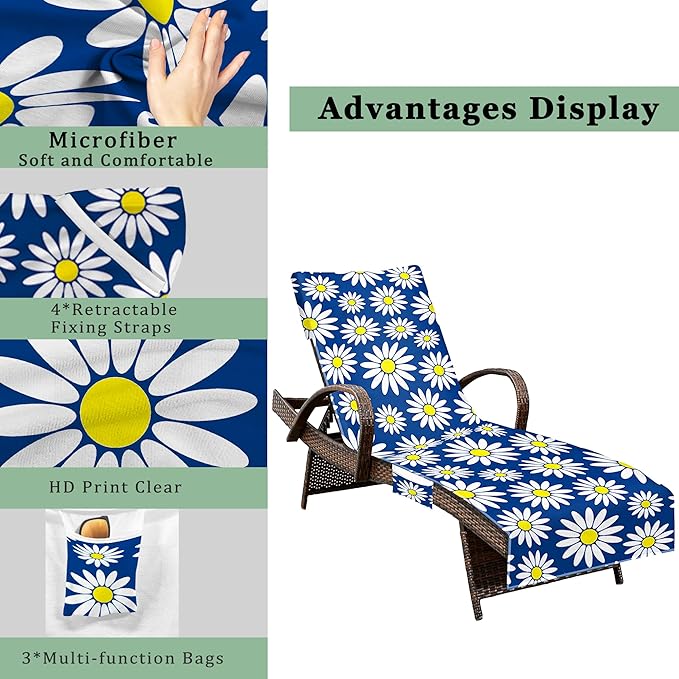 Lounge Chair Towel Cover, Beach Chair Cover (Pack of 2), Pool Lounge Chair Covers for Outdoor,Garden, Beach,Sun Lounger,Hotel Pool,Large Size and No Sliding, 85" X 30", Royal Blue Daisy