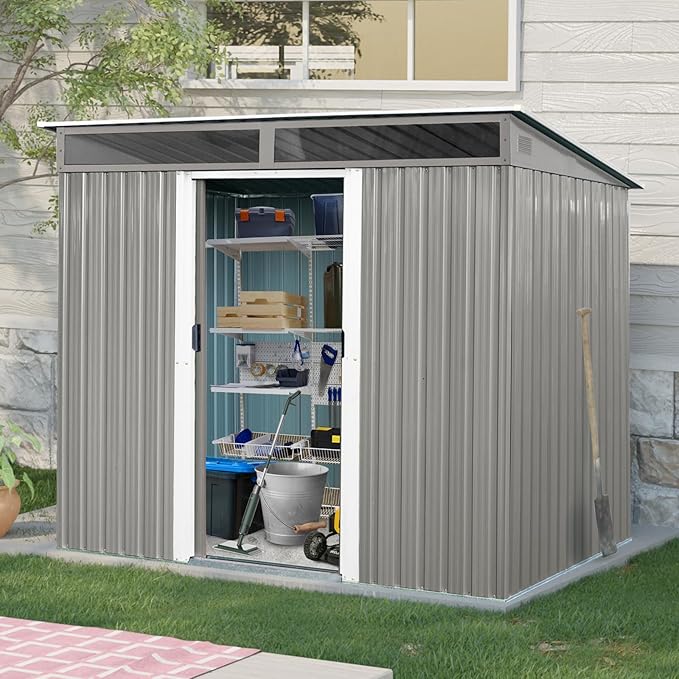 YOPTO 8FT x 6FT Outdoor Metal Storage with Lockable Sliding Doors and Transparent Plate,Waterproof Cabinet w/Ventilation & Foundation,Garden Organizer Tool House for Backyard Patio,Gray
