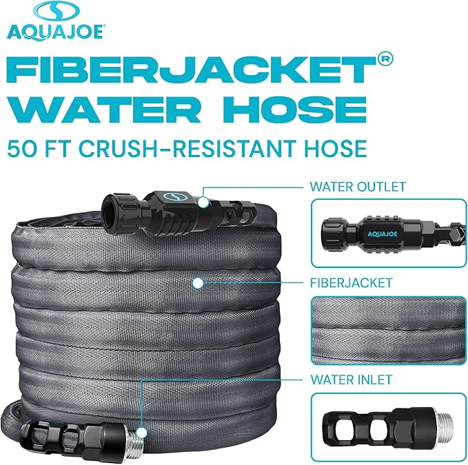 Aqua Joe FiberJacket Garden Hose, Lightweight and Kink-Resistant, Durable Fabric Hose with Metal Fittings, 600 PSI Max, 50' x 5/8" Diameter