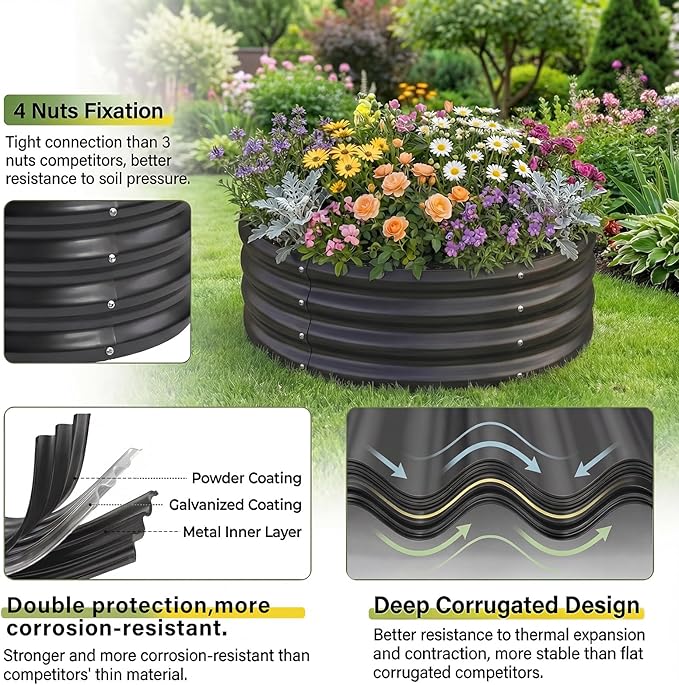 Land Guard 3×3×1ft Galvanized Raised Garden Bed Kit, Round Galvanized Planter Raised Garden Boxes Outdoor, Large Metal Raised Garden Beds for Vegetables, Grey