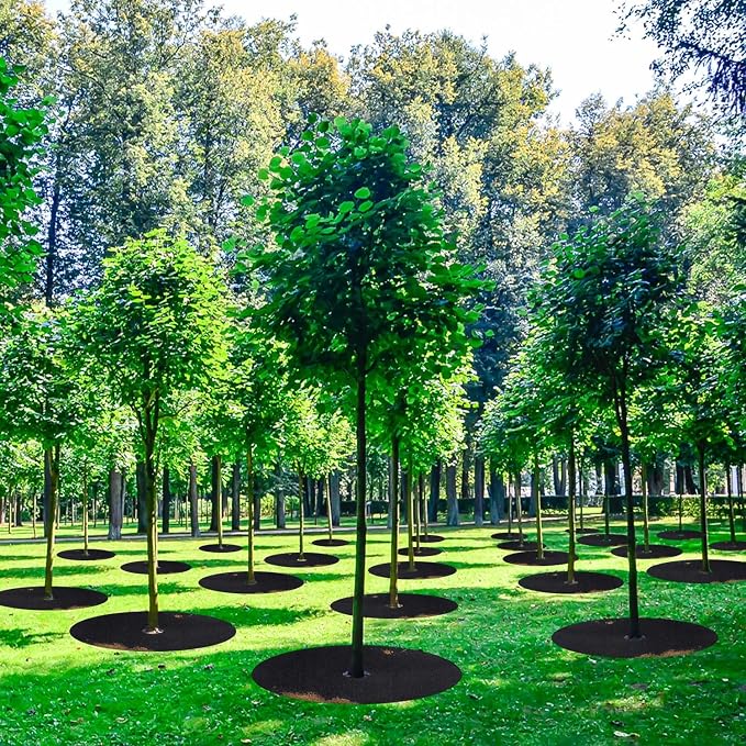 8 Pack Non-Woven Tree Mulch Ring, 24.5 Inch Tree Protection Mat, Weed Barrier Round Mats with 16 Staples Stakes for Weed Growth RootProtection Resistant and Reusable