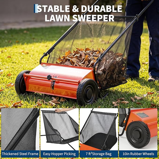 Push Lawn Sweeper 26Inch-Heavy Duty Walk Behind Leaf Collector and Yard Sweeper for Outdoor,Patio,Driveway,Garden Grass Sweepers,4 High Speed Spinning Brush,7 Cu. ft. Hopper Capacity