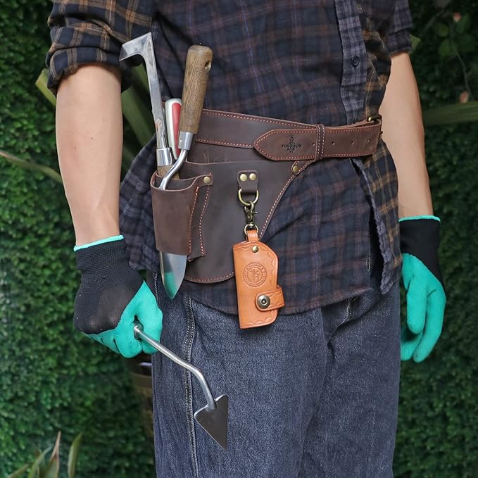 TOURBON Leather Tool Belt Gardener Florist Farmer Tools Holster Waist Pouch Electrician Carpenter Plumbing Organizer Bag with 3 Pockets