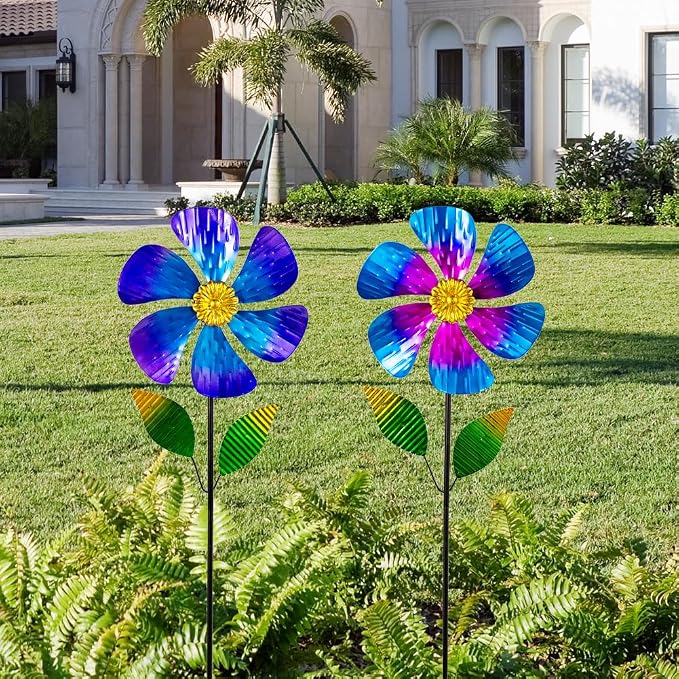 Viveta 2 Pack Garden Wind Spinners, 35.4 "Flower Metal Windmill,Pink and Blue Wind Sculpture,Pinwheels for Yard and Garden