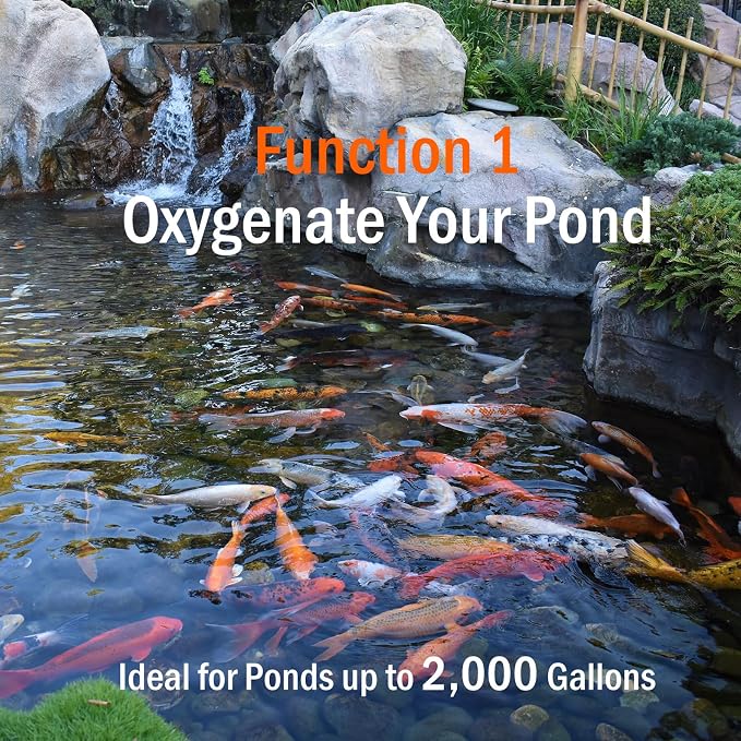 All-in-One Pond Aerator for Outdoor Ponds, Flow Adjustable Pond Air Pump Aeration Kit with Airline Tubing Air Stones Check Valves