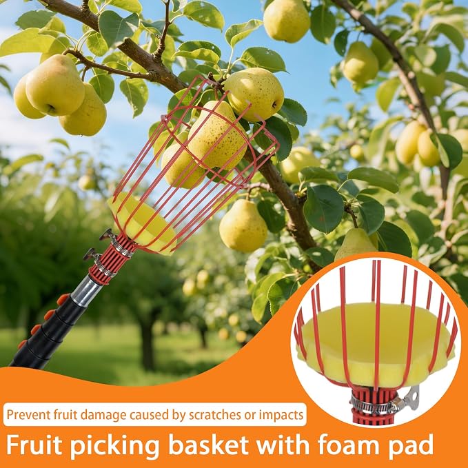 26FT Reach Fruit Picker Pole with Basket Telescoping, Lightweight Aluminum Apple Picker Extension Pole, Fruit Catcher for Trees, for Apple Orange Lemon Mango Avocado Pear Fruit Picking
