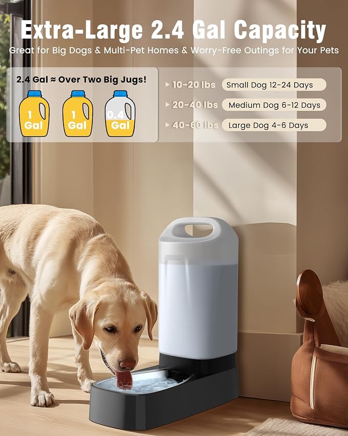 Automatic Dog Water Bowl Dispenser - 2.4 Gallon Stainless Steel Gravity Pet Water Feeder with Ergonomic Handle Design Anti Splash Drinking Bowl Without Filter Easy to Clean Multi Pet Use
