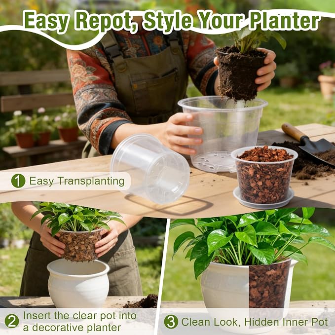 10 Inch Clear Nursery Pots with Drainage and Saucers, 5 Pack Large Clear Plastic Nursery Pots for Plants, Seedling Plant Pots for Repotting and Growing Plants, Flowers & Vegetables (10 inch)