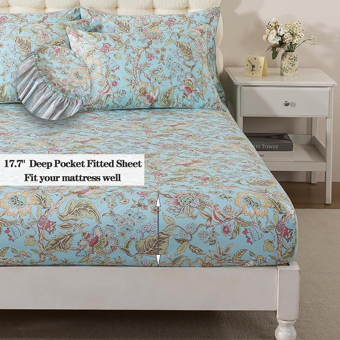 FADFAY Queen Sheet Set 4 Piece 100% Egyptian Cotton Bed Sheets Deep Pocket, Soft Breathable Vintage Blue French Country Bedding Shabby Cottagecore Floral Bedding Luxury Hotel Quality for All Seasons