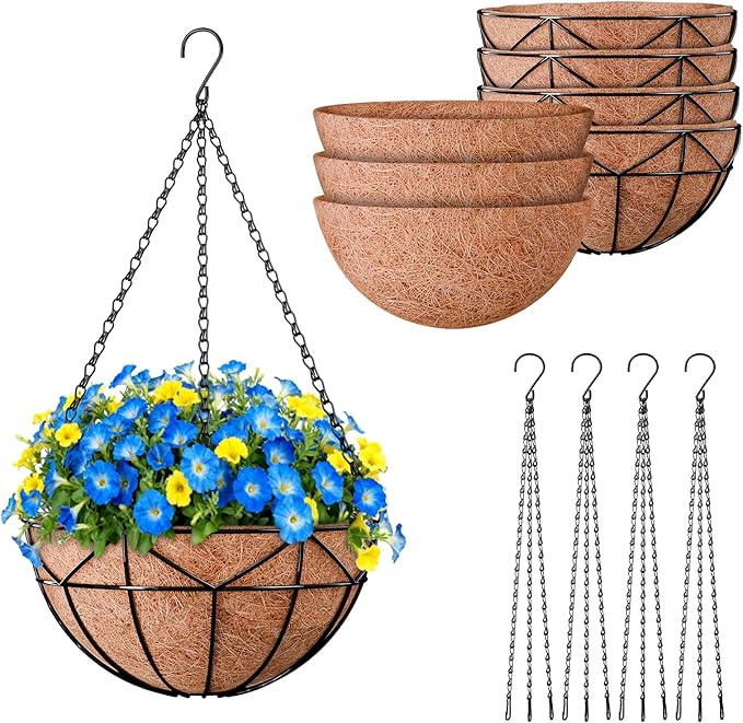 Halatool Multi-Pack Hanging Basket Kit - 4 Pack 12 Inch Wire Hanging Baskets with Coco Liners + 3 Pack 12 Inch Coconut Coir Replacement Liners for Plants, Indoor & Outdoor Garden, Patio, Balcony