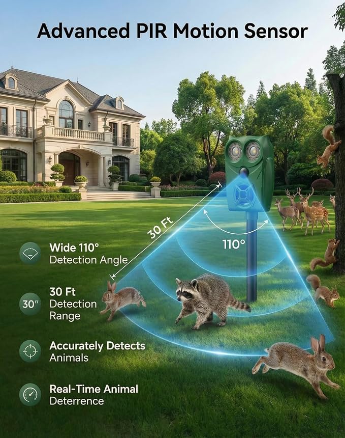 2 Pack Solar Ultrasonic Animal Repeller with Motion Sensor, Deer Repellent Devices with LED Light, Waterproof Cat Repellent Outdoor, Dog Deterrent for Yard Garden to Repel Raccoon, Squirrel, Fox