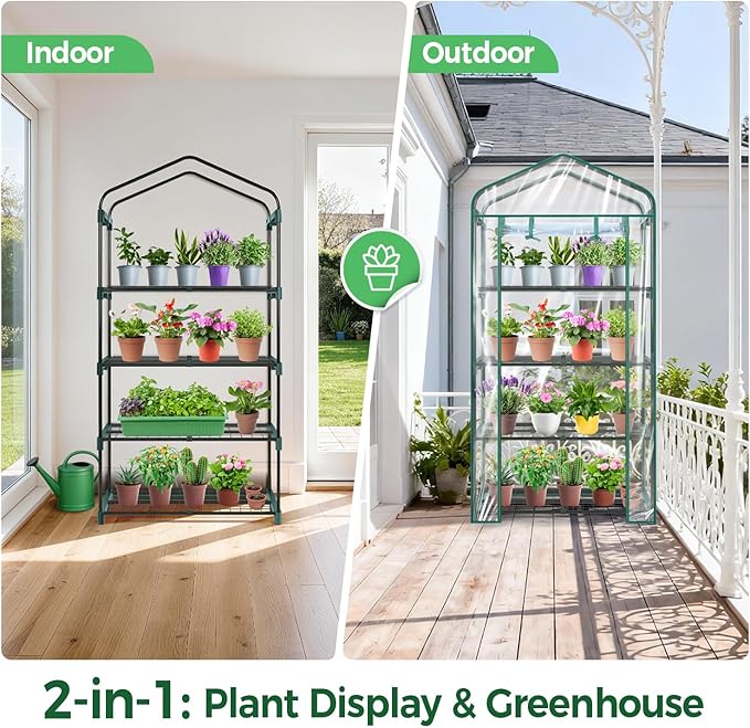 Mini Greenhouse for Outdoors Indoor: 27 x 19 x 62-Inch Ohuhu Small Green House with 4 Tier Shelves, Portable Plastic Greenhouses with Heavy Duty Transparent PVC Cover for Seedling Patio Porch Balcony