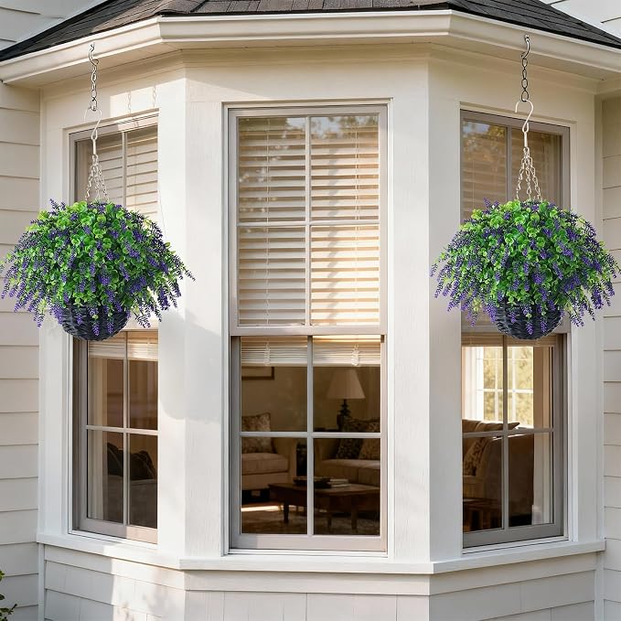 VIERENA Artificial Lavender and Eucalyptus Leaves Hanging Basket - 2 Set for Outdoor Decorations,Fake Flower Hanging Basket UV-Resistant for Porch, Home Garden, Farmhouse, Eaves, Yard Decor