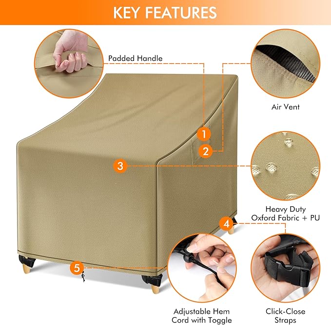 WLEAFJ Outdoor Chair Covers Waterproof, Khaki Lawn Patio Furniture Covers, Heavy Duty Wicker Garden Sofa Chair Cover, 2 Pack - 36" W x 37" D x 36" H