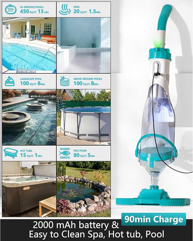 Cordless Pool Vacuum for Above Ground Pool 19.5 GPM,All Angle&LED Display,Handheld Rechargeable Spa Vacuum Cleaner for Inground Pools for Hot Tub, Leaves,Debris,Shallow Steps