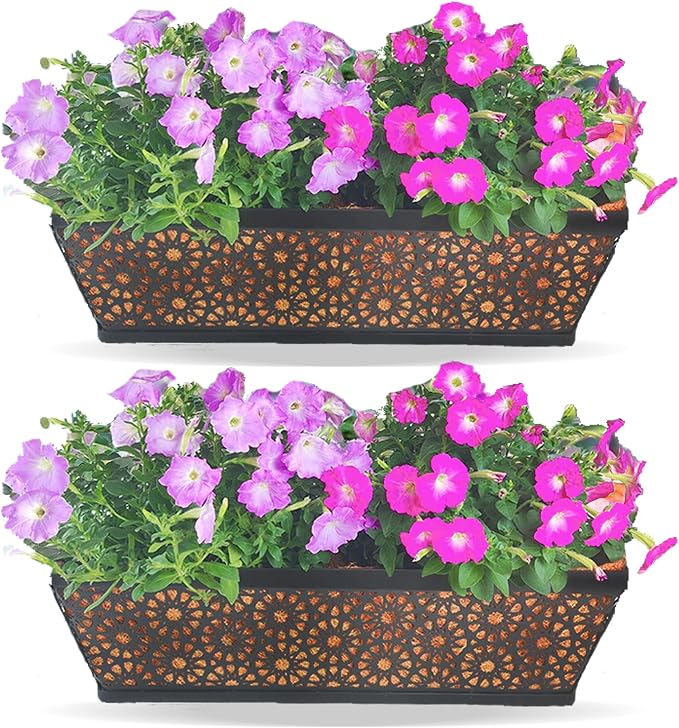 Railing Planter Window Boxes Round Hole Horse Trough Planter with Coco Fiber Liner Deck Balcony Rail Planters Black Metal Hanging Flower Planters Window Basket for Outdoor Porch (2 Pack, 24 Inch)