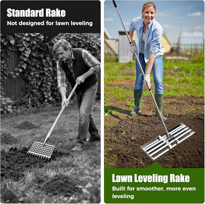 30" x 10" Lawn Leveling Rake, Heavy Duty 304 Stainless Steel Lawn Leveler | Curved edge for smooth leveling, reinforced triangle support, professional-grade build